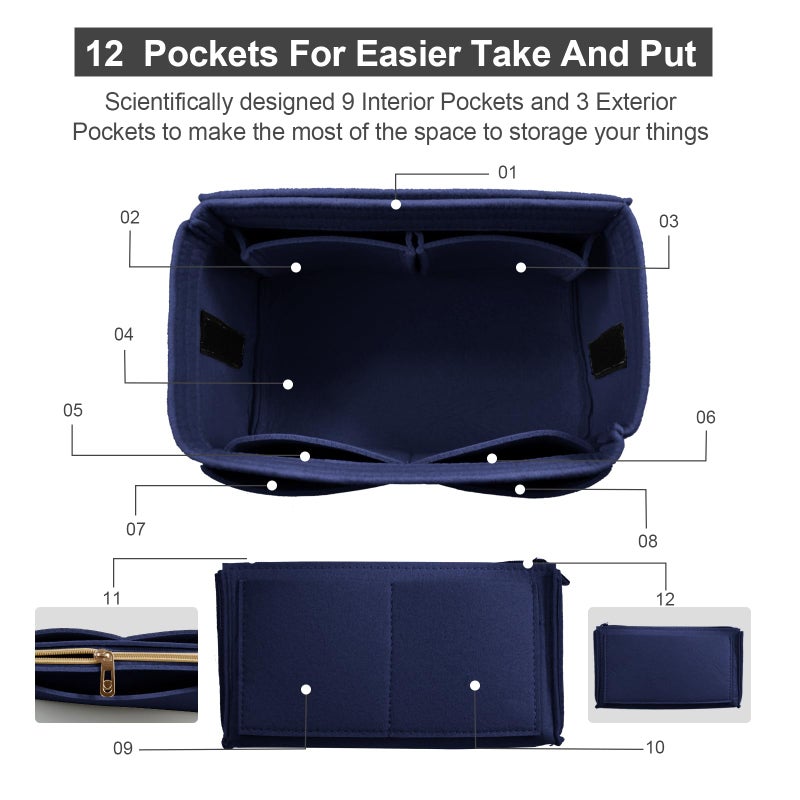 OMYSTYLE Navy Large Organizer Insert, Felt Tote Bag Organizer Insert with 5 Sizes, Handbag Dividers for Inside Purse, Compatible with Longchamp, Neverful, Speedy and More - Image 3